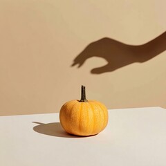 神秘的な手のシルエットの影が付いたミニマリストなカボチャの構成。