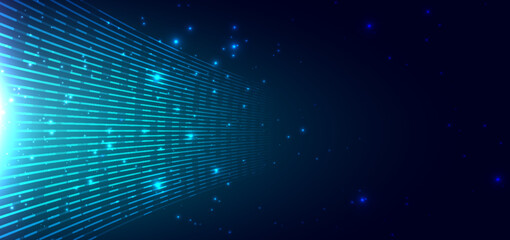 Abstract blue glowing lines curve with decor bokeh and sparkle on dark background.