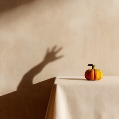 神秘的な手のシルエットの影が付いたミニマリストなカボチャの構成。