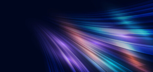 High speed multicolor curved lines on dark blue background. High speed motion moving concept.