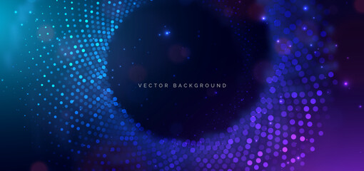 Futuristic glowing dotted with lighting effect sparkle on dark background. Technology big data network.