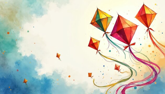 Colorful kites fly in sky for Makar Sankranti celebration. Watercolor illustration banner for Indian harvest festival. Happy Uttarayan holiday background with flying paper kites. Greeting card design