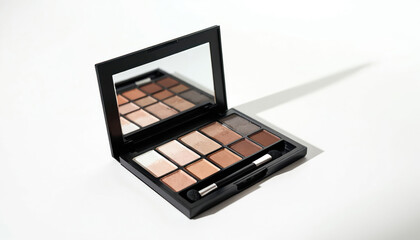 Open eyeshadow palette features range of nude brown, beige shades. Compact cosmetic kit includes mirror, applicator brush for beauty. Product perfect for daily routines, pro glamour, natural looks.