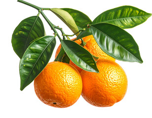  Fresh Orange Fruits with Green Leaves on Branch, Isolated on Transparent Background, PNG 