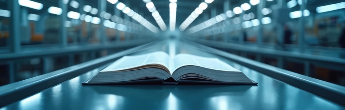 Open book sits on a conveyor belt inside a modern factory. Automated production line moves components, representing tech manufacturing and logistics. Future industry learning.