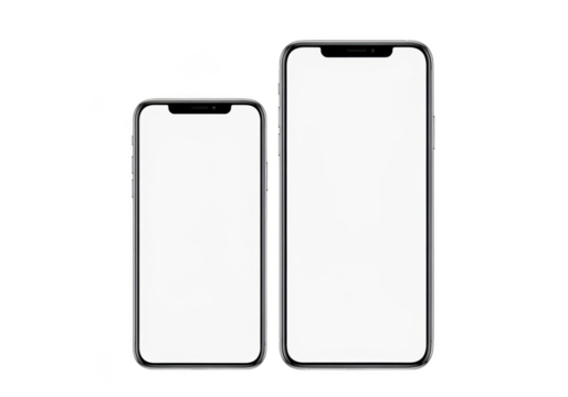 Two modern smartphone mockups with blank screens for ui/ux design presentation and app showcase isolated on transparent background