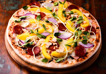 Pizza with chorizo ​​sausage, mozzarella cheese and yellow pepper. Rustic wooden background. Soft focus.	
