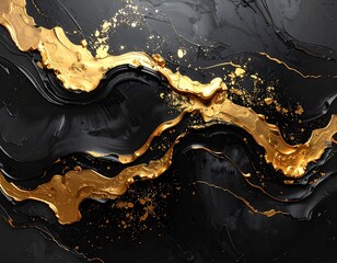 Abstract black background accented with flowing thick bands of gold metallic paint
