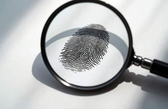 Magnifying glass enlarges fingerprint on white surface. Detective inspects crime evidence for forensic analysis. Biometric data represents personal identity verification, security, unique proof for