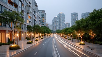 Obraz premium City Street At Night With Motion Blur Traffic And Illuminated Trees And Buildings