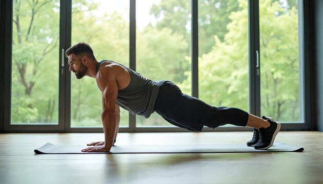 Fit man does plank exercise on mat. He strengthens core muscles, practices bodyweight routine. Athlete trains hard at home or gym near large windows.