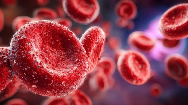 3d render of blood cells illuminated by blue bioluminescent light, concept of vitality and rejuvenation