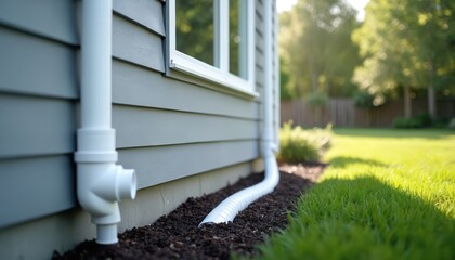 White PVC drainage pipes direct rainwater from modern house roof. Residential building gray horizontal siding, clean white window frame. Gutter system funnels water away into mulched landscaping next