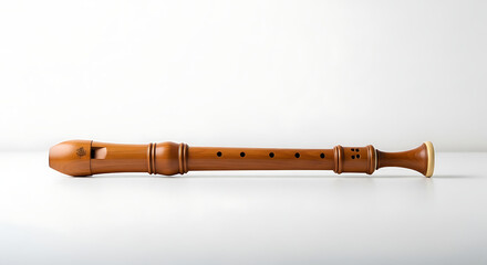 Naklejka premium Wooden recorder musical instrument with finger holes on a white surface in a studio setting ai generated