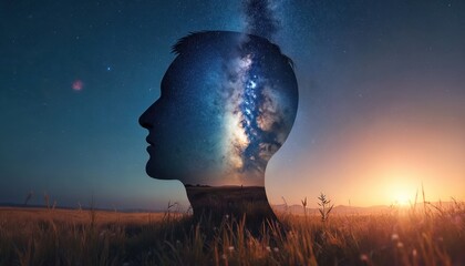 Fototapeta premium Artistic depiction of human head silhouette merging with night sky and field. Concept reflects inner peace vastness of mind. Calm landscape represents nature and human connection.