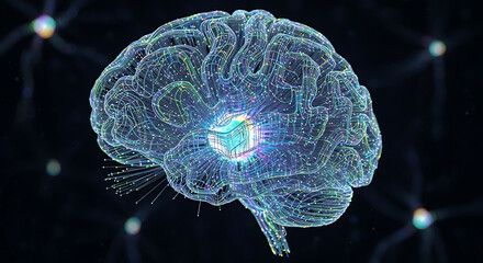 Digital brain network with glowing circuits and central processing unit