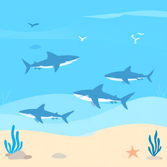 Fototapeta premium Cartoon sharks swimming in ocean underwater scene with marine life