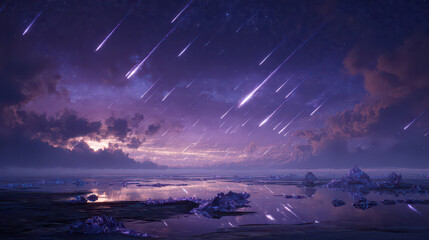 Purple Night Sky with Falling Shooting Stars
