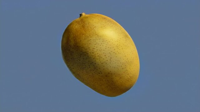 Golden ripe mango suspended against a clear blue sky, a vibrant symbol of tropical freshness and natural sweetness for your projects.