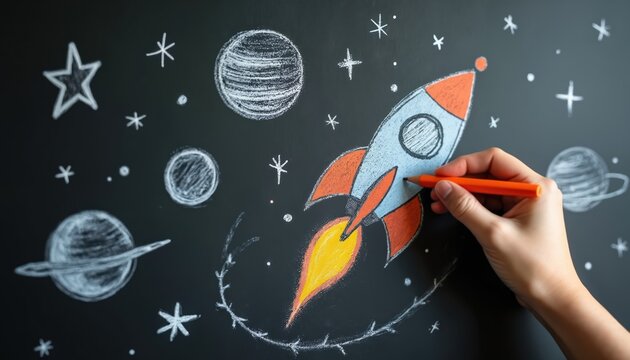 Hand colors rocket drawing on black chalkboard. White chalk stars, planets surround spaceship. Image represents creativity, learning, space exploration, childhood dreams. Inspires science,