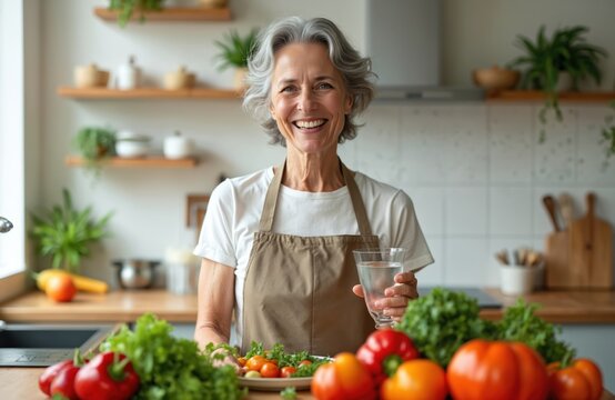 Smiling senior woman prepares healthy vegetable salad in bright kitchen. Drinks clear water surrounded by fresh organic produce. Image represents wellness active lifestyle, aging gracefully. - Powered by Adobe