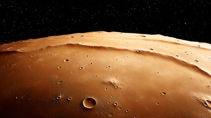 A barren desert like surface of an extraterrestrial planet or moon covered in craters and rocky formations against a star filled sky