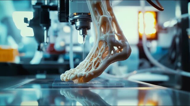 3D printed human foot model in futuristic lab symbolizing innovation and medicine