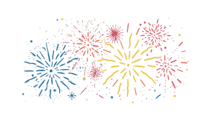 template illustration of fireworks in a flat design style, featuring bold lines, minimal shading, and solid colors, with vibrant hues of blues, reds with png Transparent