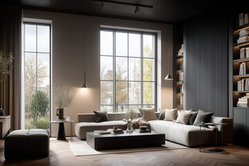 Fototapeta premium Elegant modern apartment interior with large windows, designer sofa, and wooden floor — premium real estate and architecture concept background, home decor, design inspiration, lifestyle marketing.