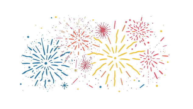 template illustration of fireworks in a flat design style, featuring bold lines, minimal shading, and solid colors, with vibrant hues of blues, reds with png Transparent 
