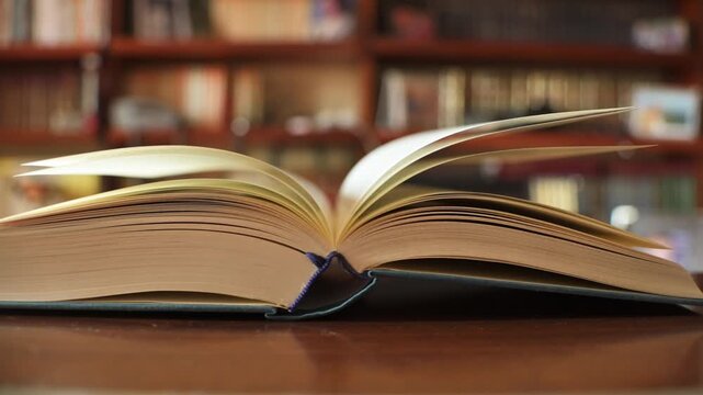 Open Book On Wooden Desk In Library Setting Evoking Reading and Learning