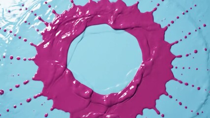 Abstract artistic splash of pink paint on a light blue background, creating a vibrant circular design with radial streaks, ideal for creative projects and backgrounds - Powered by Adobe