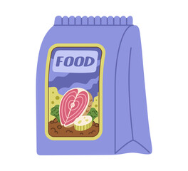 Package of dry pet food with salmon, broccoli and zucchini. holistic pet food vector illustration.