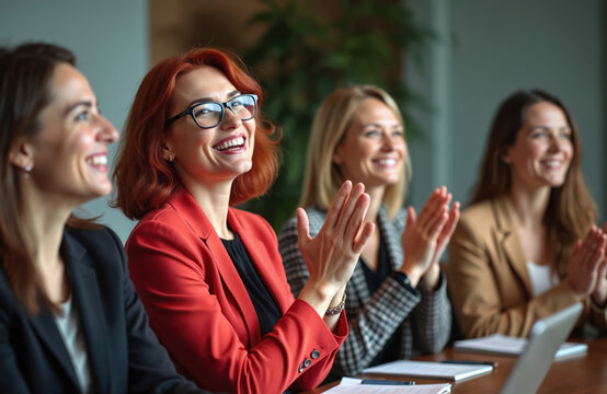 Four smiling women in business attire clap hands enthusiastically in a modern office setting. They appear pleased after a meeting or presentation, showing collegiality and approval.
