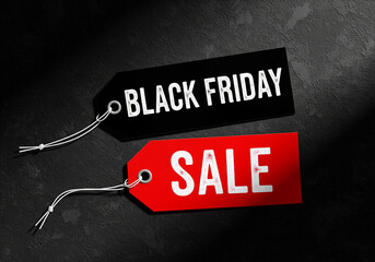 Black Friday Sale Tags with String on Textured Dark Background