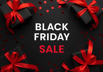 Black Friday Sale Promotional Graphic with Gifts and Confetti