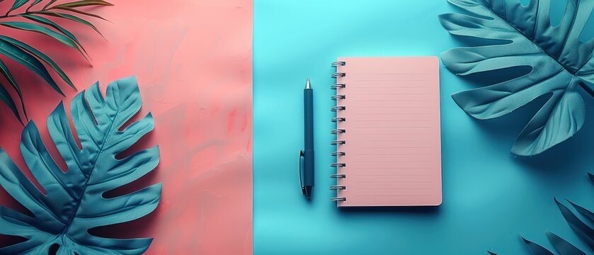 Notebook and pen on a turquoise and pink background with tropical leaves
