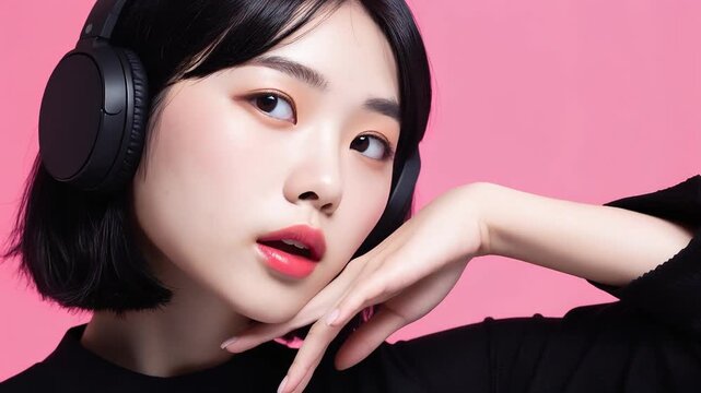 黒髪の美しい若い女性がヘッドホンで音楽を聴く横顔