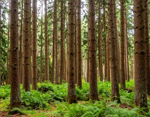 Fototapeta premium Dense woodland filled with tall tree trunks creating natural forest pattern
