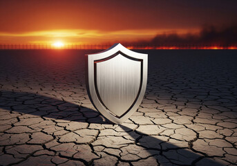 Metal Shield in Parched Landscape at Sunset