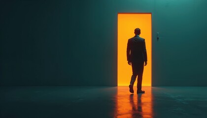 Obraz premium Man in suit walks toward bright orange doorway in a dark room. Illustration symbolizes change success opportunity future. Concept vision pathway career entrance.