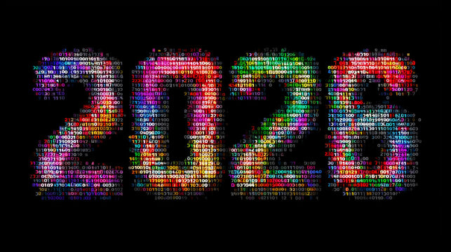 Digital 2026 numbers binary code. Multicolored futuristic technology typography. Abstract dark hacker data concept.