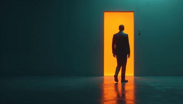 Man in suit walks toward bright orange doorway in a dark room. Illustration symbolizes change success opportunity future. Concept vision pathway career entrance.