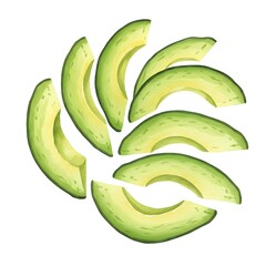 Watercolor Freshly Sliced Green Avocado Arranged on a Pure White Surface