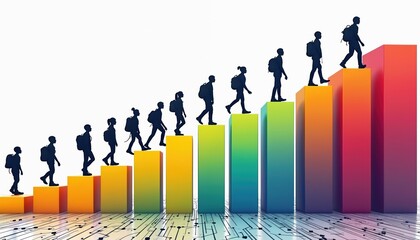 Silhouettes of students walk up colorful bar graph steps. Young people climb learning ladder, showing educational progress, future growth. Move forward on tech circuit ground to reach goals. Academic