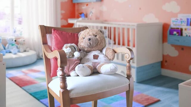 Cozy Nursery Scene With Teddy Bear On Chair, Crib, And Soft Pastel Decor