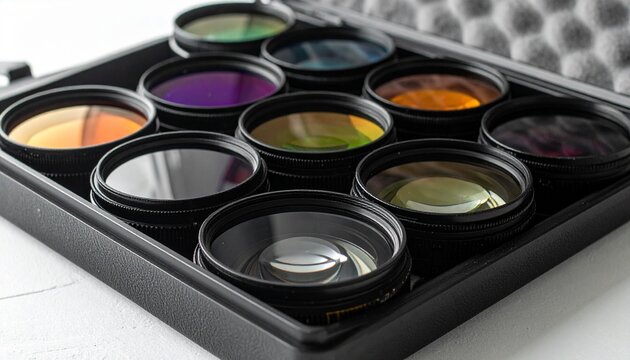 A collection of colorful camera lens filters neatly arranged in a black case.