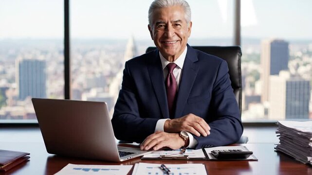 2_Smiling portrait senior businessman professional entrepreneur working at desk on financial work looking at camera Mature Latin business man ceo manager using laptop computer in office Cop 15673521 1