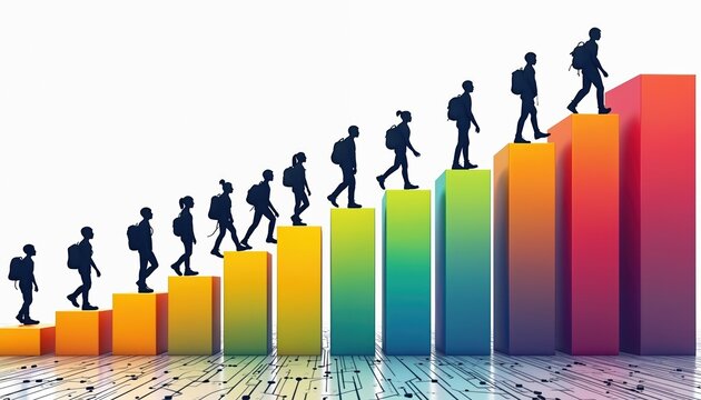 Silhouettes of students walk up colorful bar graph steps. Young people climb learning ladder, showing educational progress, future growth. Move forward on tech circuit ground to reach goals. Academic