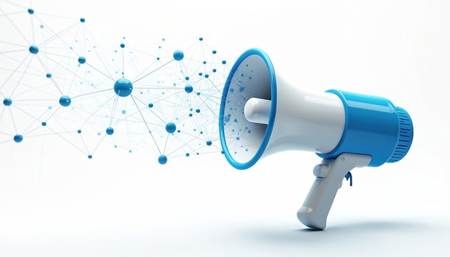 Digital megaphone emits network connections symbolizing mass communication or social media alert. Loudspeaker broadcasts information via abstract blue web nodes. Modern tech announcement concept.